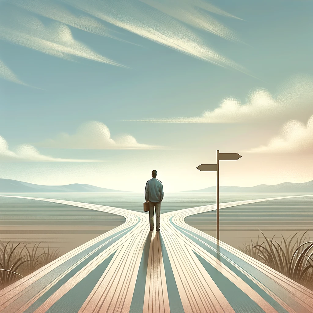 決断を前にした人物が交差点に立ち、未来へと続く道を見つめるイメージ